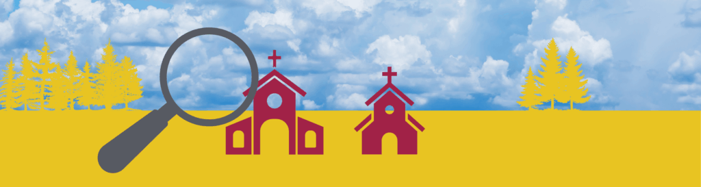 Eine Grafik auf der zwei Kirchengebäude zu sehen sind und eine Lupe im Vordergrund. Im Hintergrund ist ein blauer Himmel mit hübschen Wolken. Die Grafik deutet an, dass noch nach einer Kirche gesucht wird.