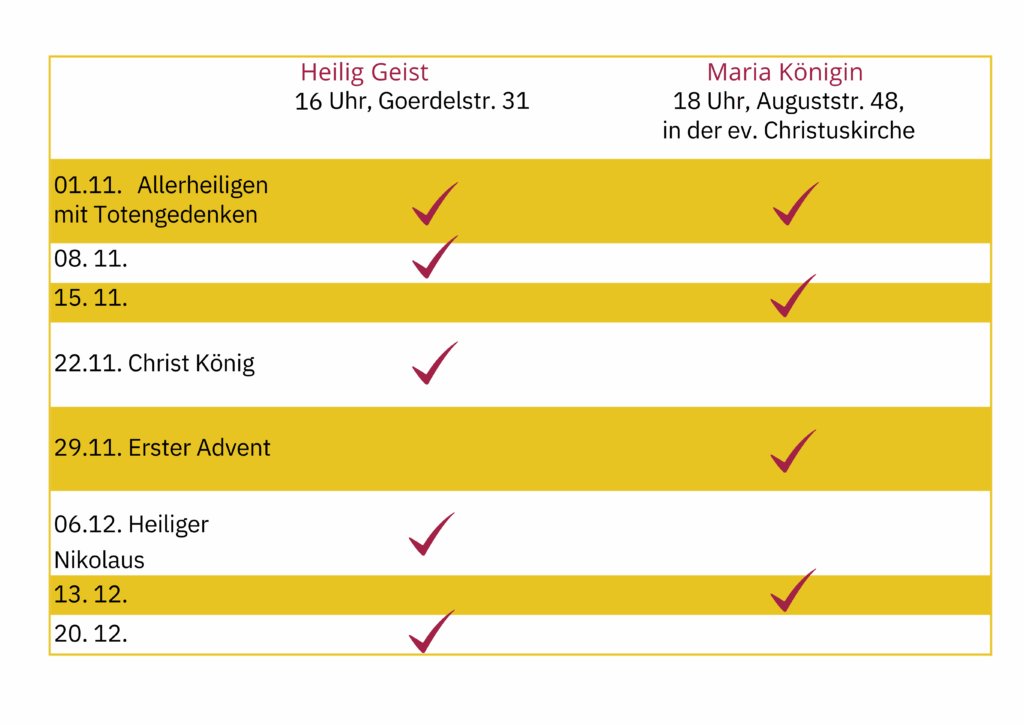 Termine für die Vorabendmessen in Lübeck Tabelle mit Terminen für die Vorabend messen. Die Vorabendmessen finden in Heilig Geist um 16 Uhr und in Maria Königin um 18 Uhr statt.
Am 1. November findet die Vorabendmessen in beiden Kirchen statt.
Am 8., 22., 6. sowie 20. November findet die Vorabend Messe in Heilig Geist statt.
Am 15., 29. und 20. März findet die Vorabendmesse in Maria Königin Bad Schwartau statt.