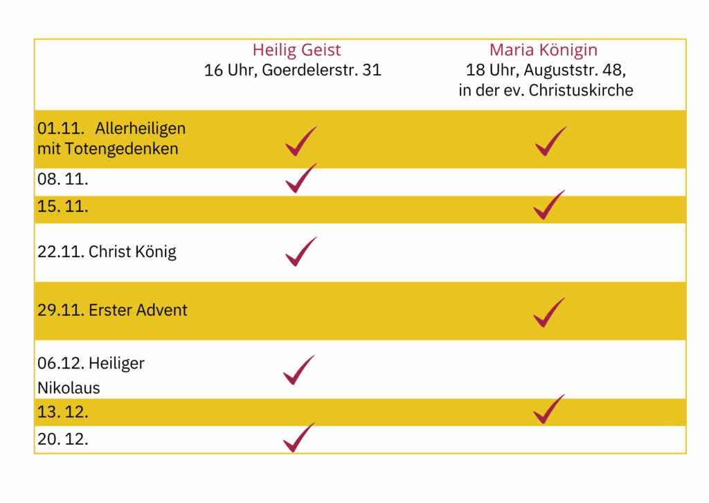 Vorabendmessen in Lübeck 2025 ab Allerheiligen.
